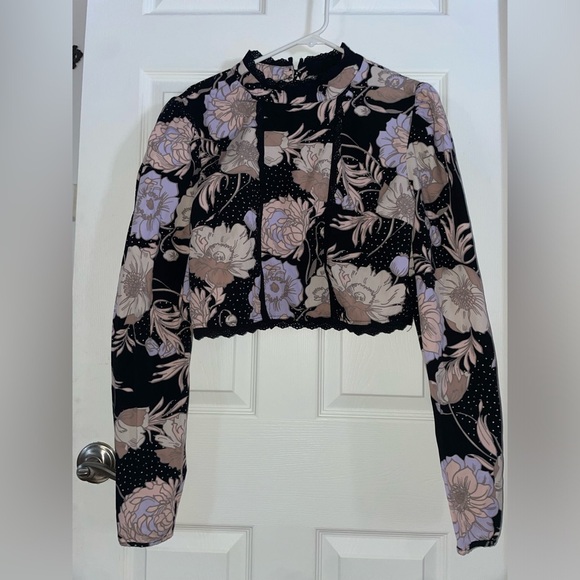 ASOS Tops - ASOS Floral Purple & Black Long Sleeve Cropped Top